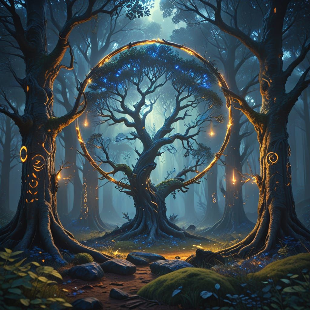 Mystical Grove: Nine Trees with Glowing Runes