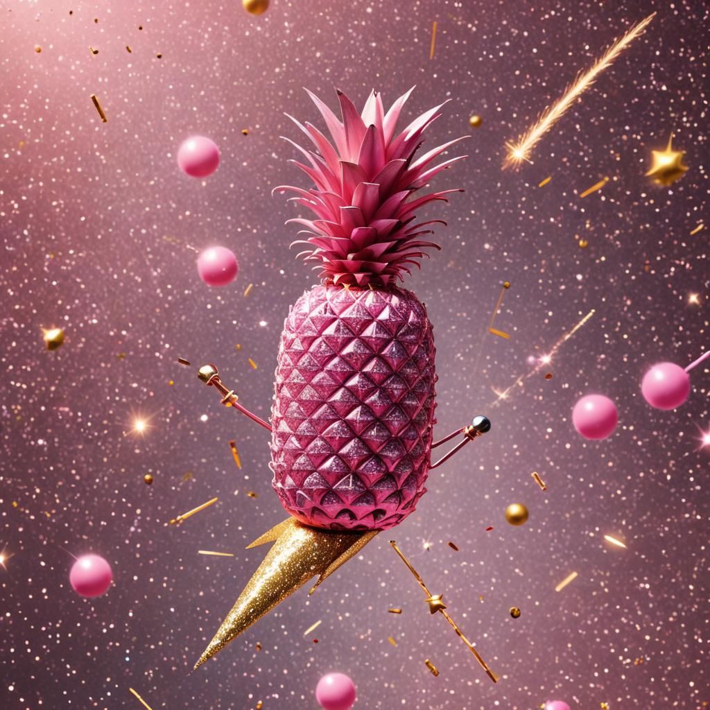 Pink Pineapple Soaring Through Space on Rocket