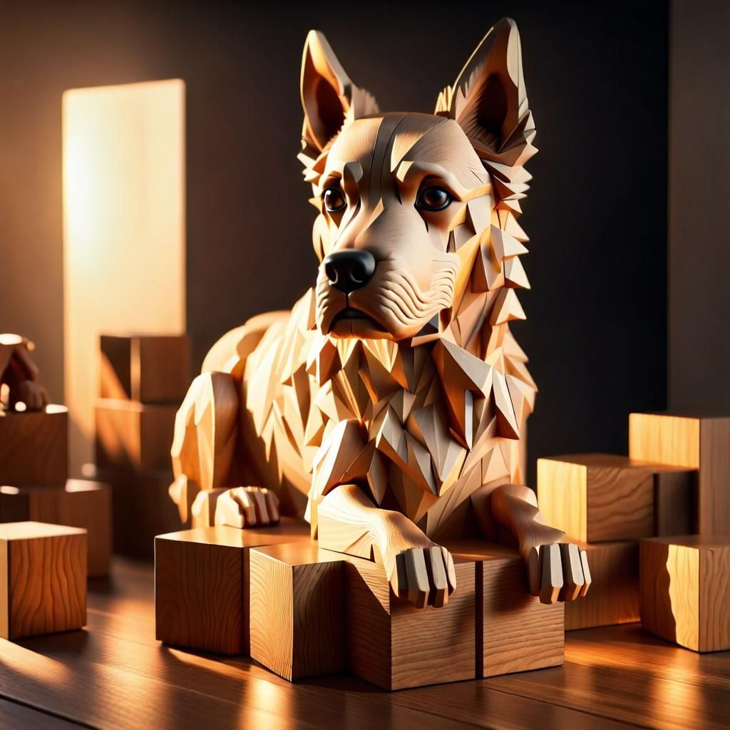 Wooden Cube Dog in Golden Hour Lighting