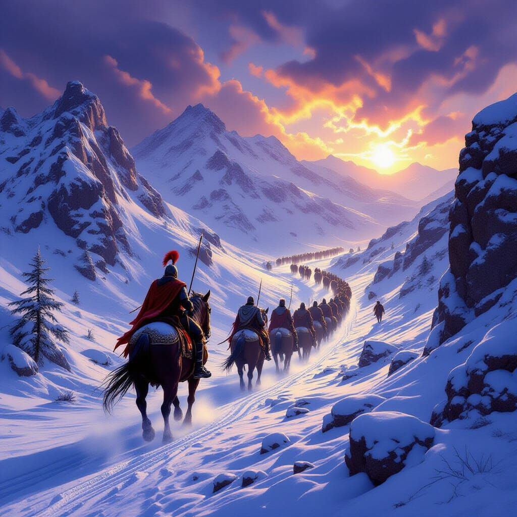 Hannibal Crosses Snowy Alps with Army and Elephants