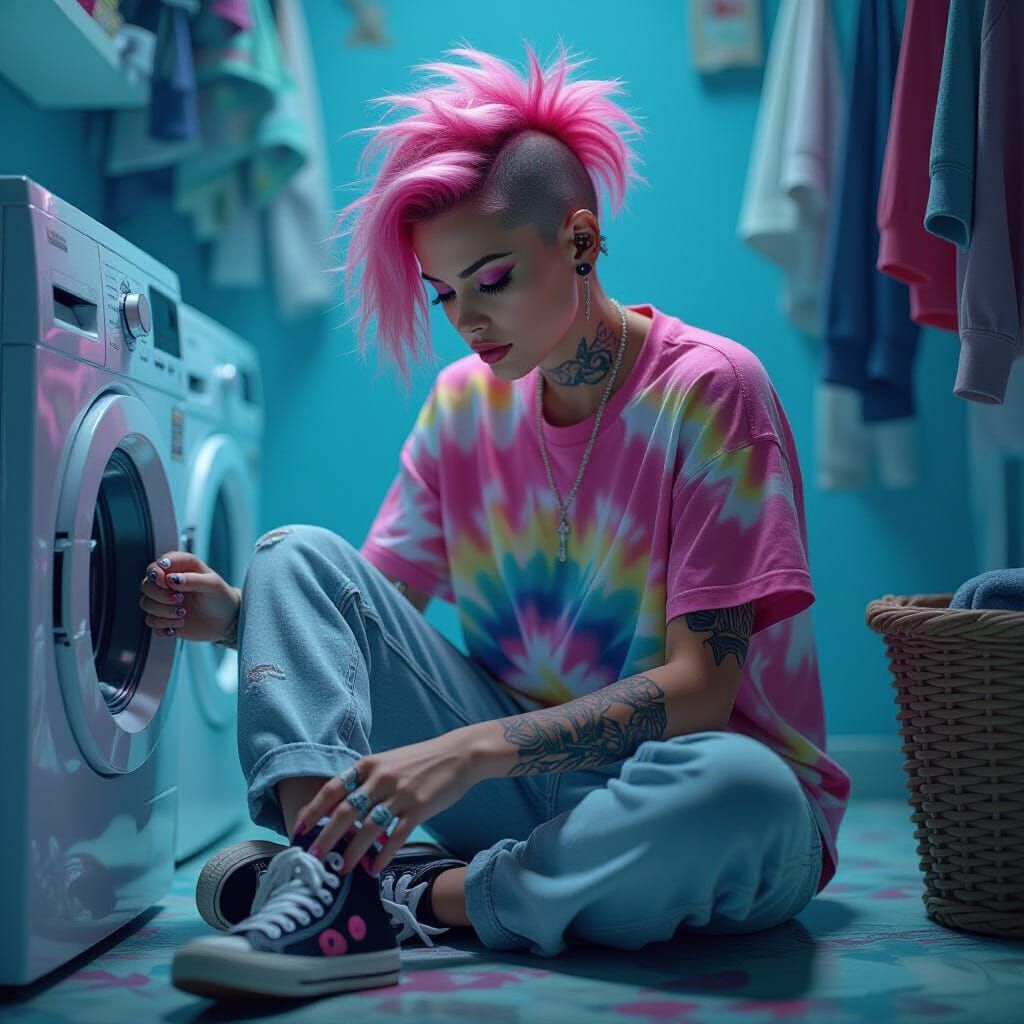 Woman with Pink Mohawk Doing Laundry in Digital Matte Style