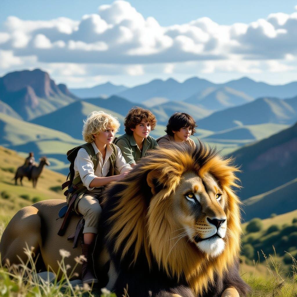 Boys Ride Majestic Lion Across Ravine Landscape