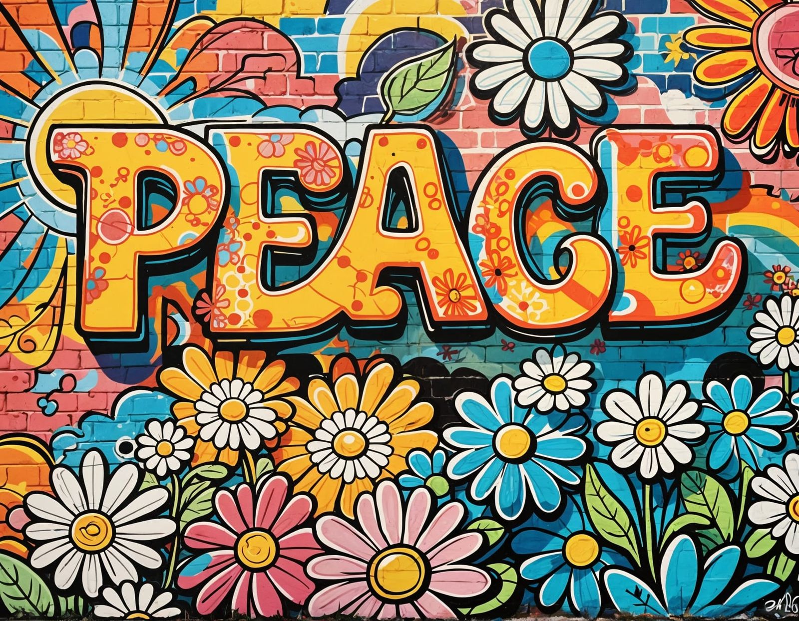 Psychedelic Graffiti Wall Art with Retro Peace Sign