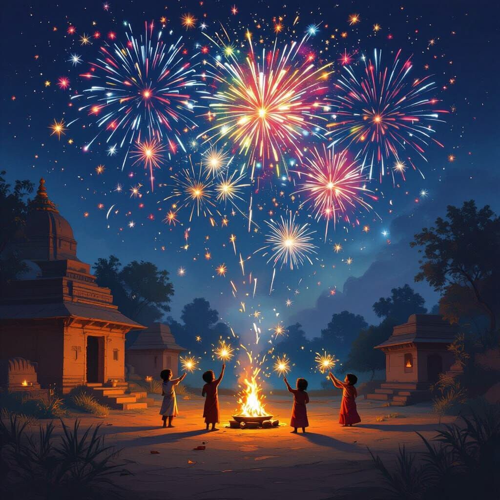 Festive Indian Village Night with Fireworks and Diyas