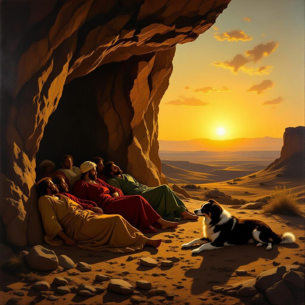 Renaissance Mural: Figures Asleep in Cave Entrance at Dawn