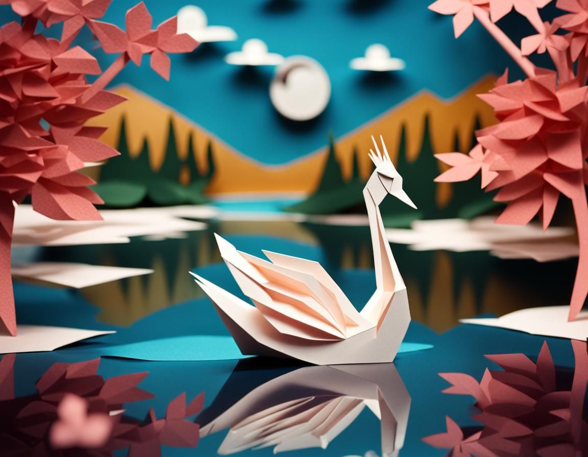 Kirigami Swan on Lake in Beautiful Landscape