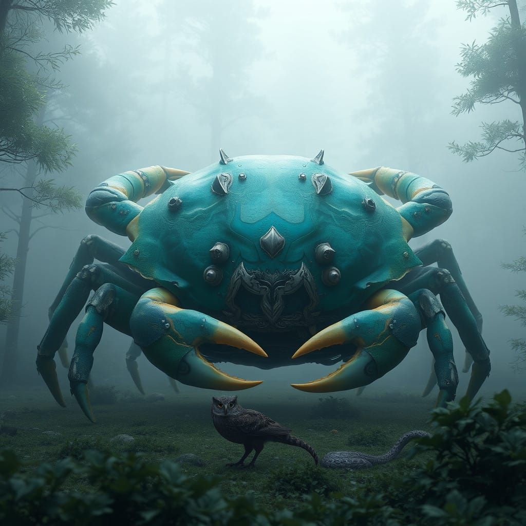 Surreal Hyperrealistic Crab in Emerald Forest with Mini Anim...