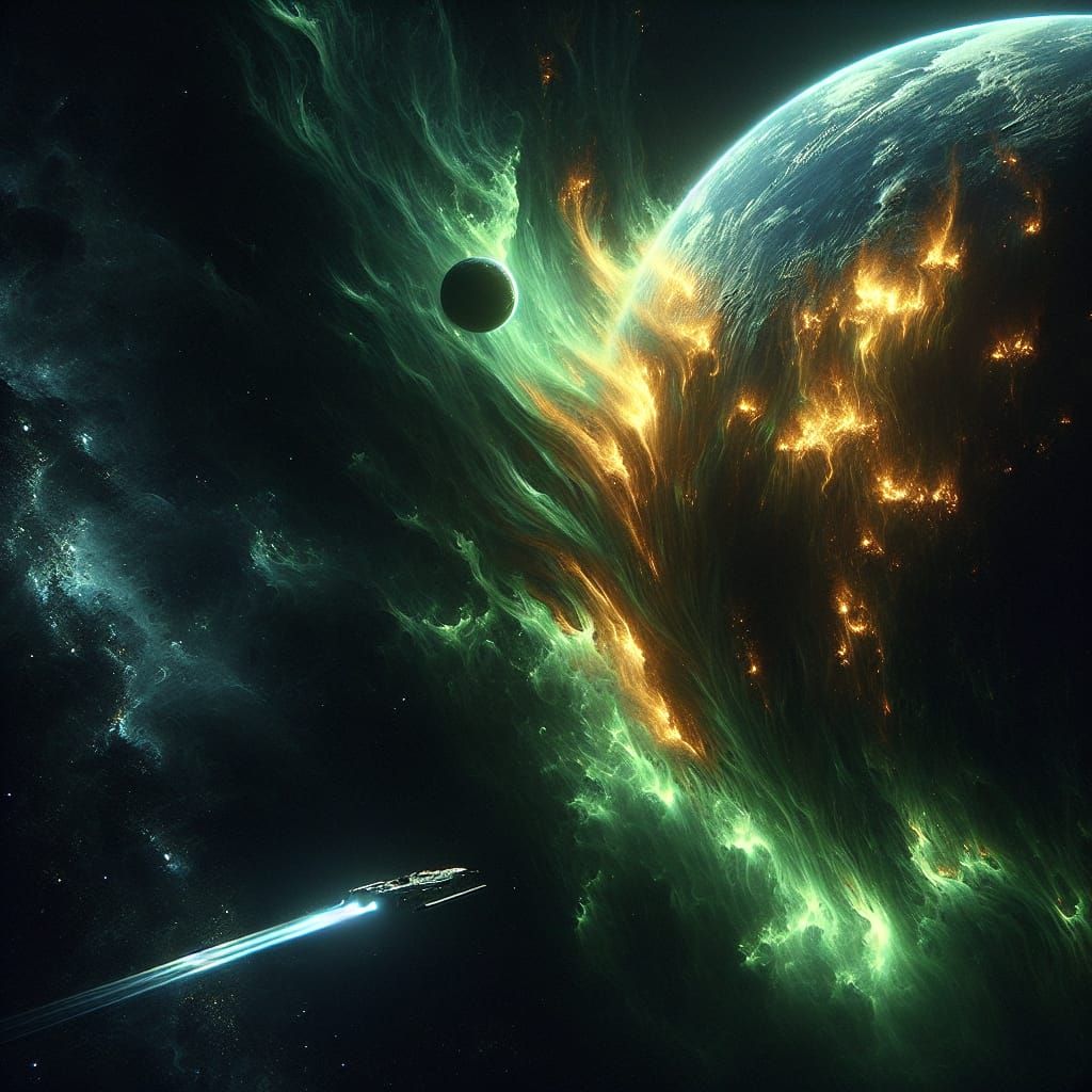 Epic Green Inferno Engulfs a Distant Earth in Cyberpunk Digi...