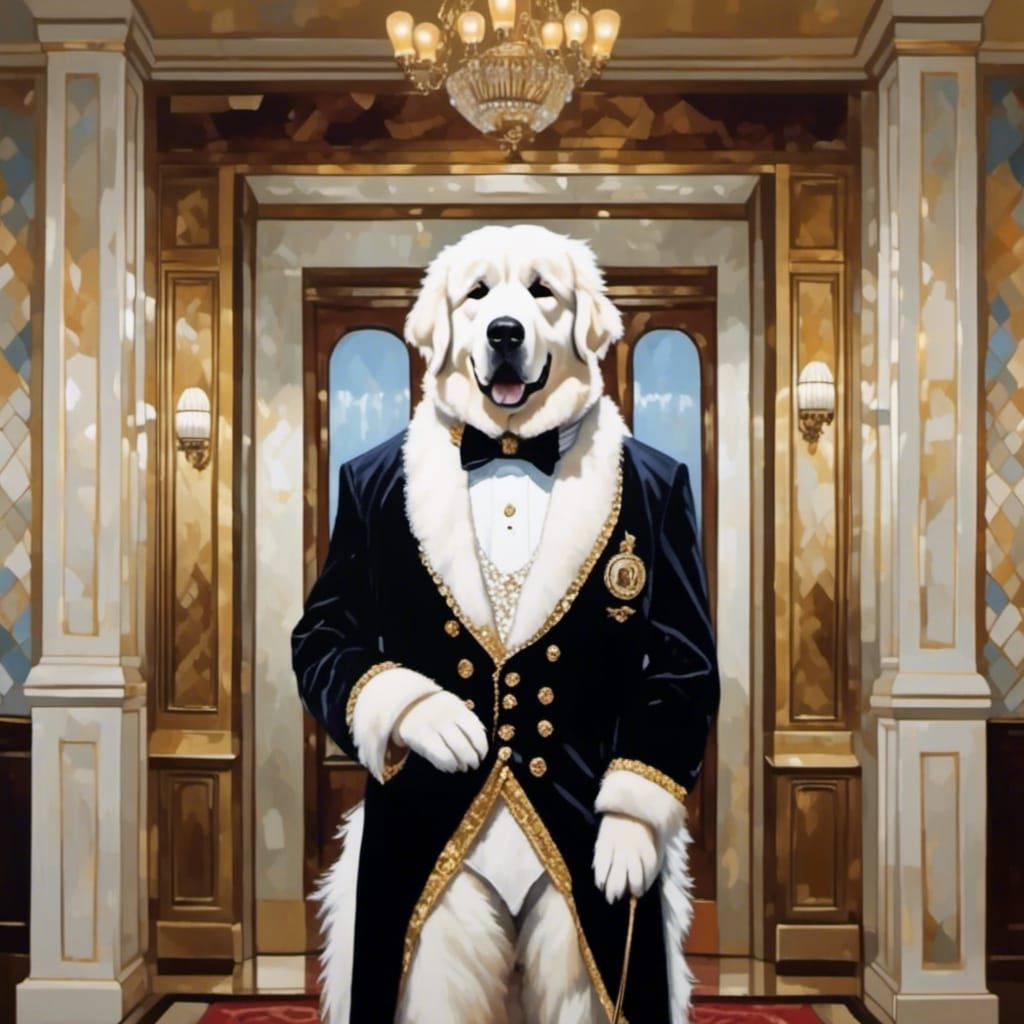 Anthropomorphic Great Pyrenees Doorman in Oil Painting