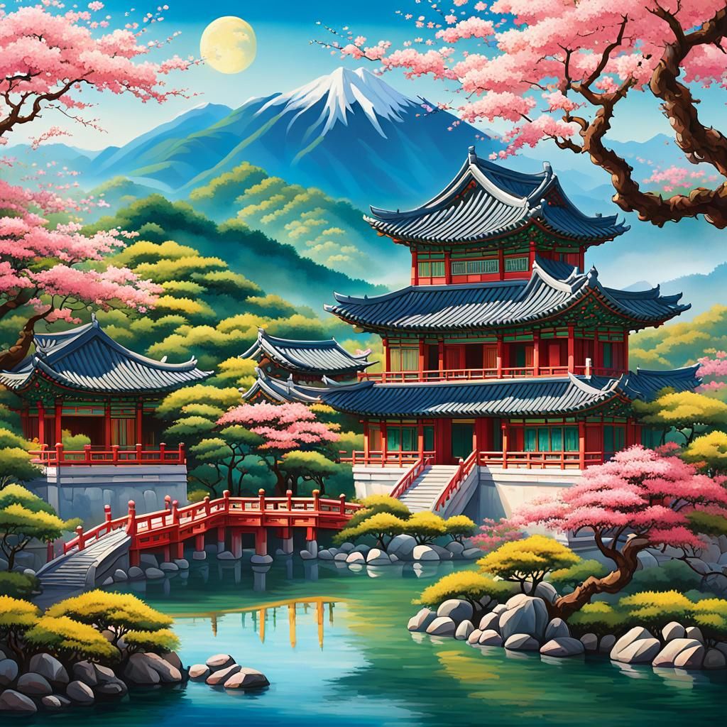 Oriental Landscape with Traditional Architecture, 3D Render