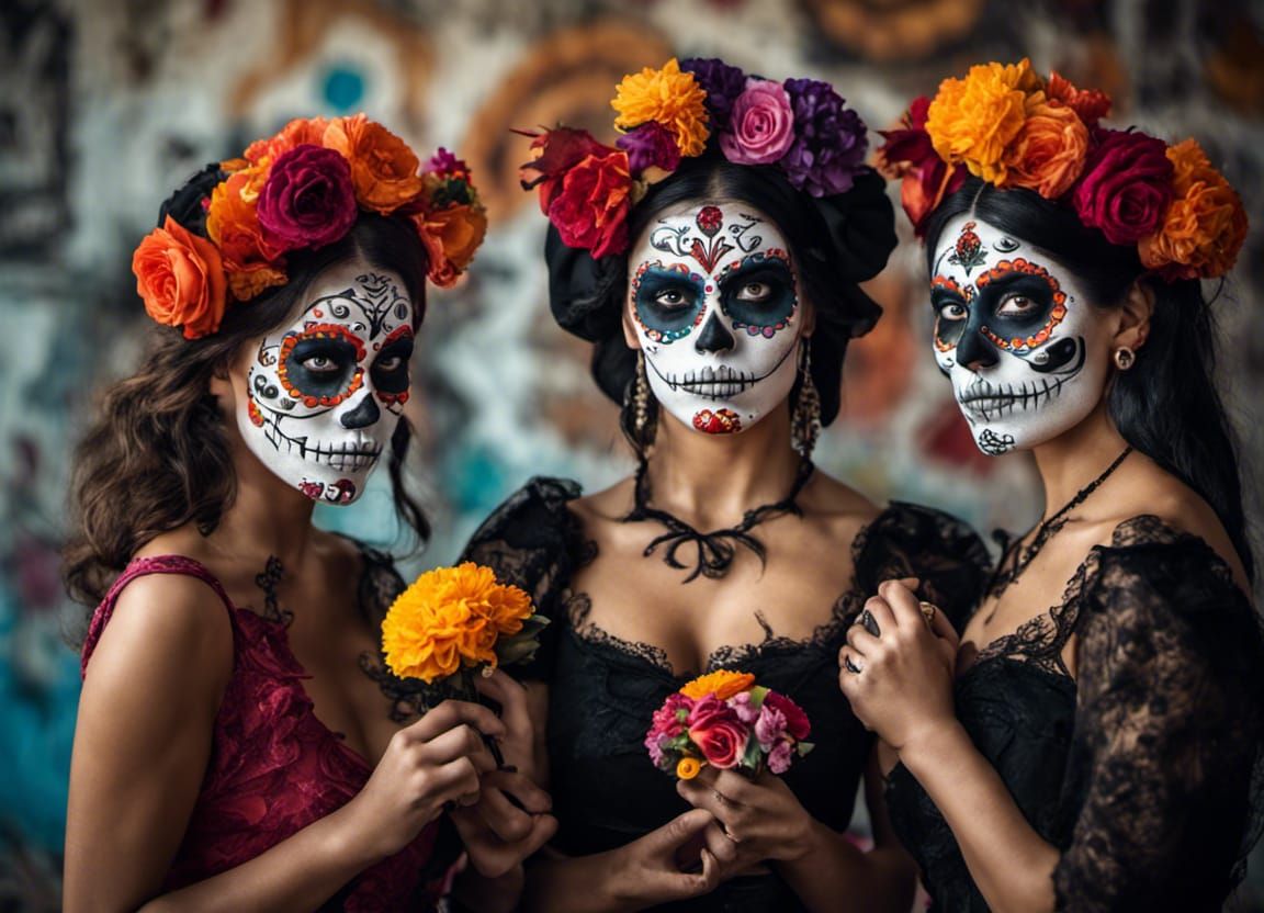Three women with sugar skull make up