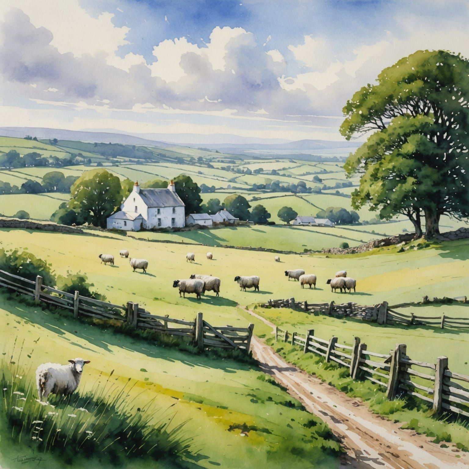 Irish Rural Landscape in Watercolor Style