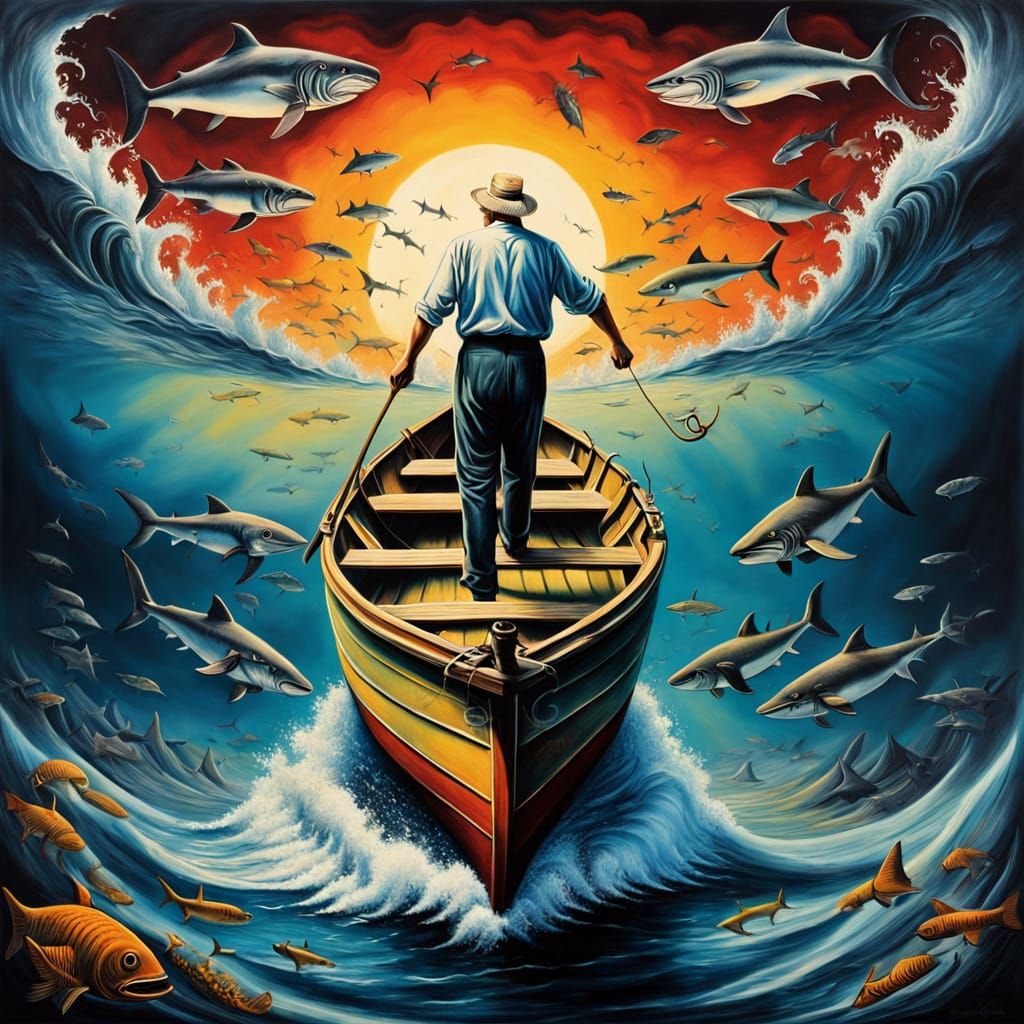 Surreal Fisherman Battles Giant Catch in Golden Light