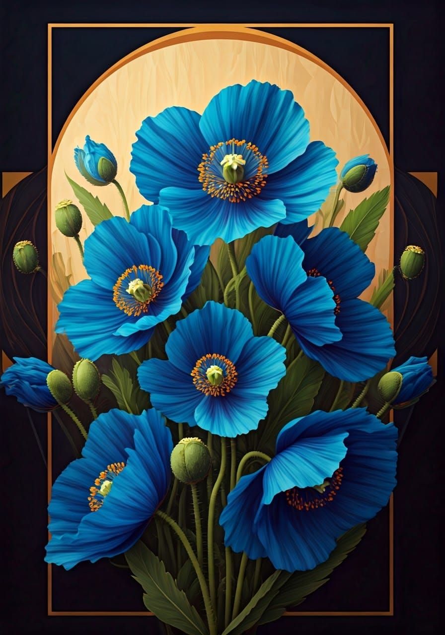 Vibrant Cubist Blue Poppies in Art Deco Oil Painting
