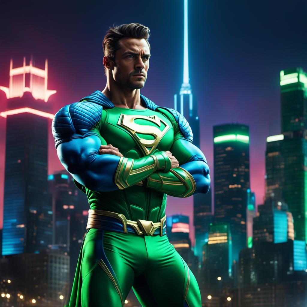 Muscular Superhero in Comic Style Cityscape