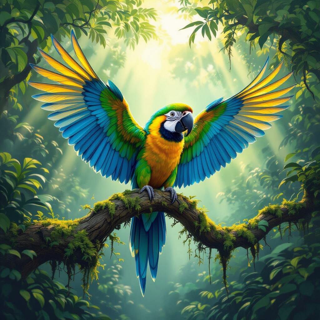 Vibrant Parrot Spreading Wings in Tropical Rainforest