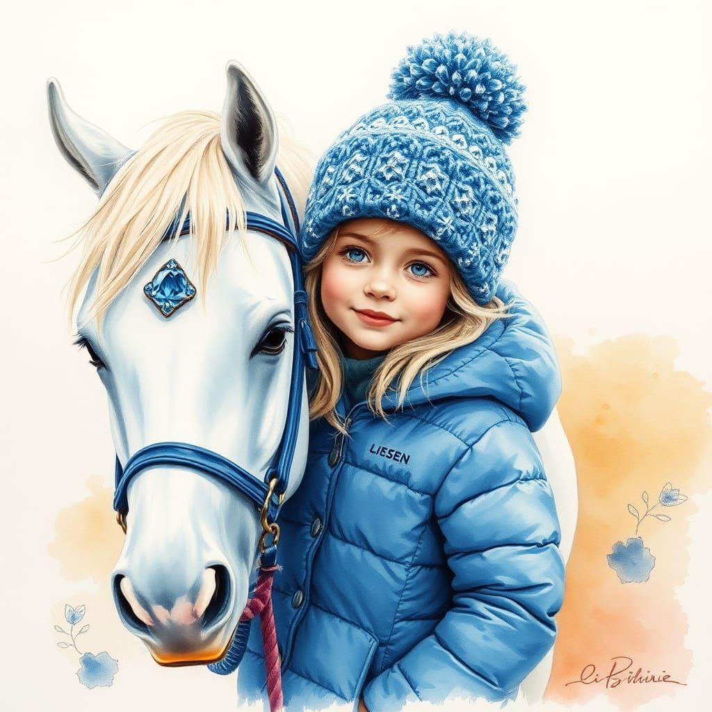 Girl with Pony in Watercolor with Sapphire Bridle