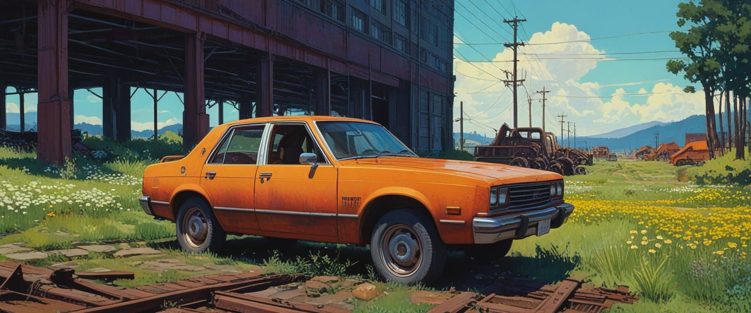 Vibrant Flowers Bloom in Abandoned Factory, Comic Book Style