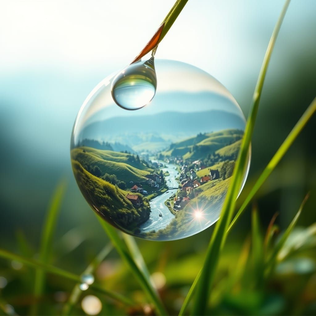 Miniature World Inside Dewdrop, Photorealistic Macro Photogr...