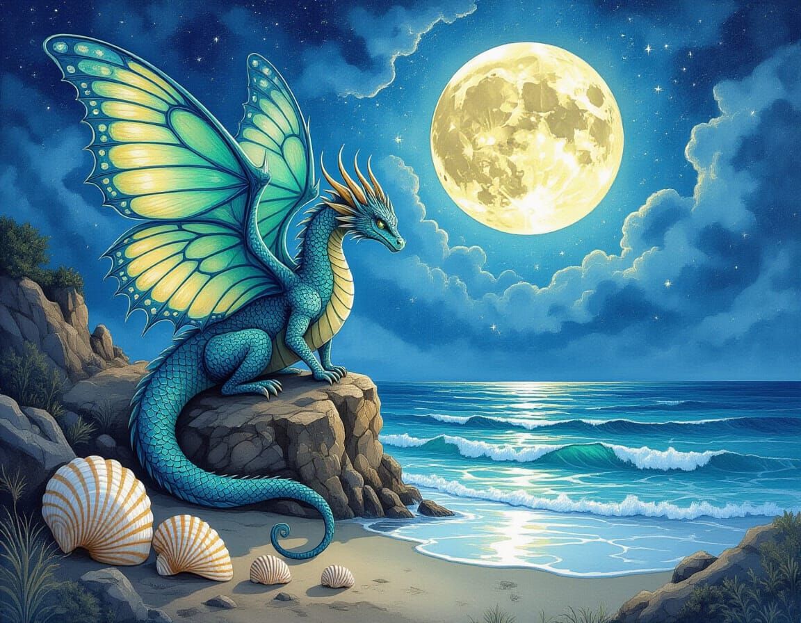Ethereal Dragon with Butterfly Wings on Moonlit Beach