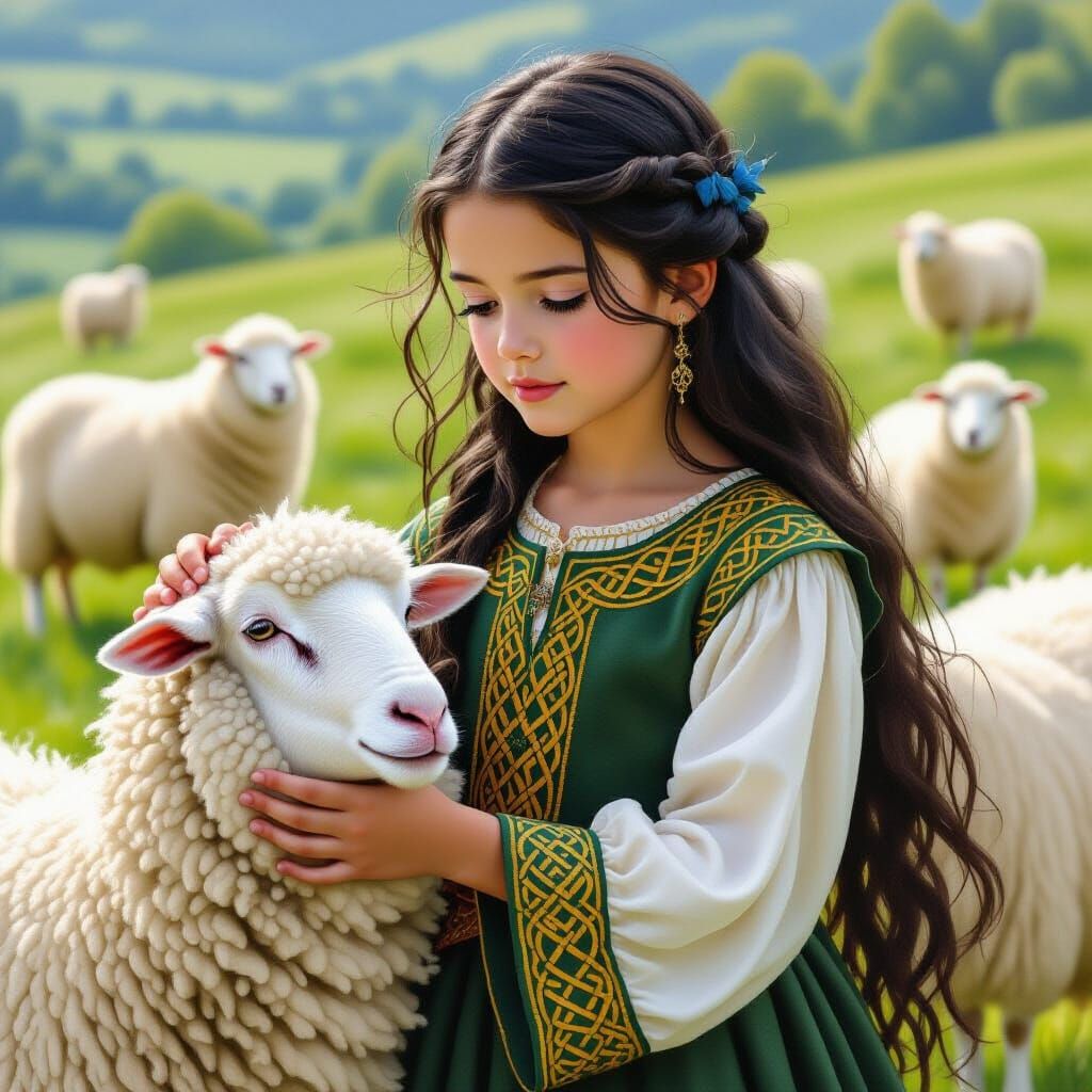 Girl in Medieval Dress with Sheep, Fantasy Art