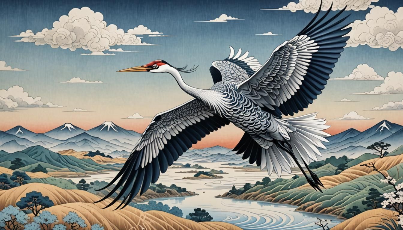 Crane in Flight: An Ukiyo-e Style Image