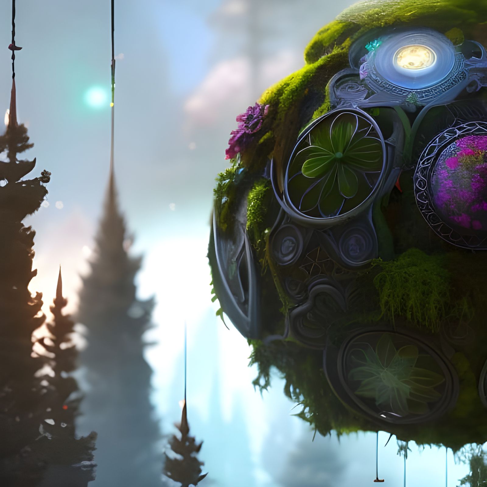 Whimsical Elven Structure with Cosmic Flowers
