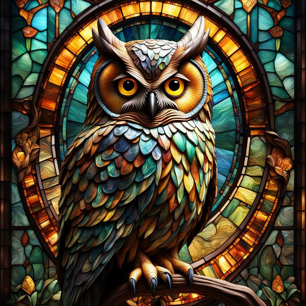 Horn Owl in Tiffany Glass Style