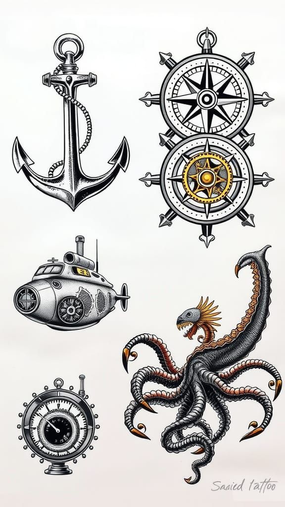 Steampunk Nautical Tattoo Designs in Sailor Jerry Style