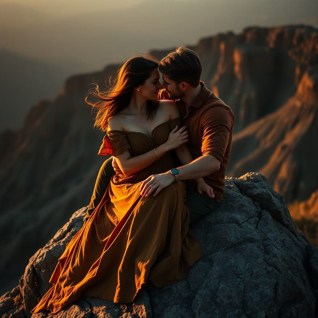 Romantic Couple Embrace on Rugged Rocks: Cinematic Film Stil...