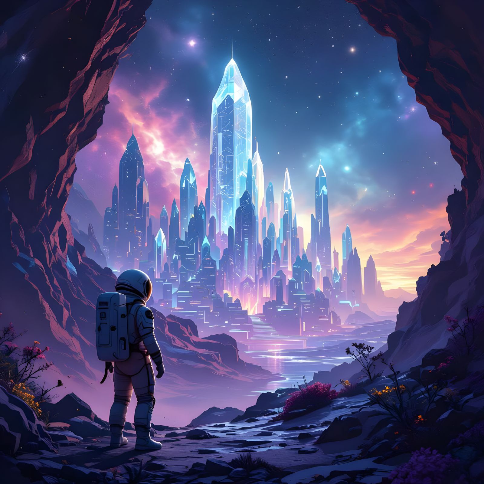 Astronaut Finds Crystalline City in Vibrant Nebula