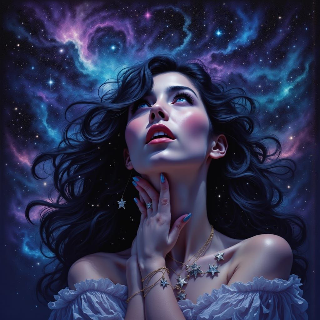 Woman Gazes at Starry Night Sky in Surreal Style