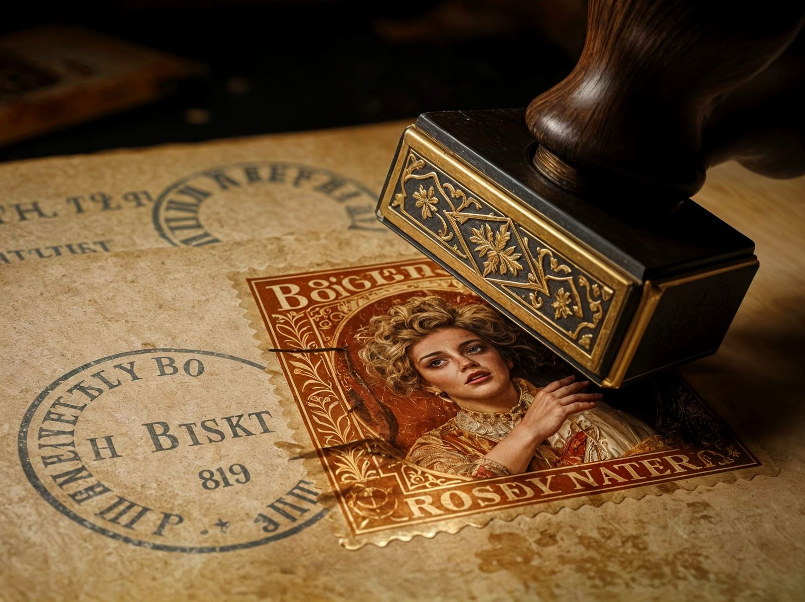 Vintage Woman Shields Herself From Giant Stamp