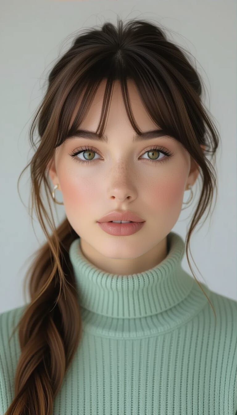 Haute Couture Portrait of Woman in Green Turtleneck