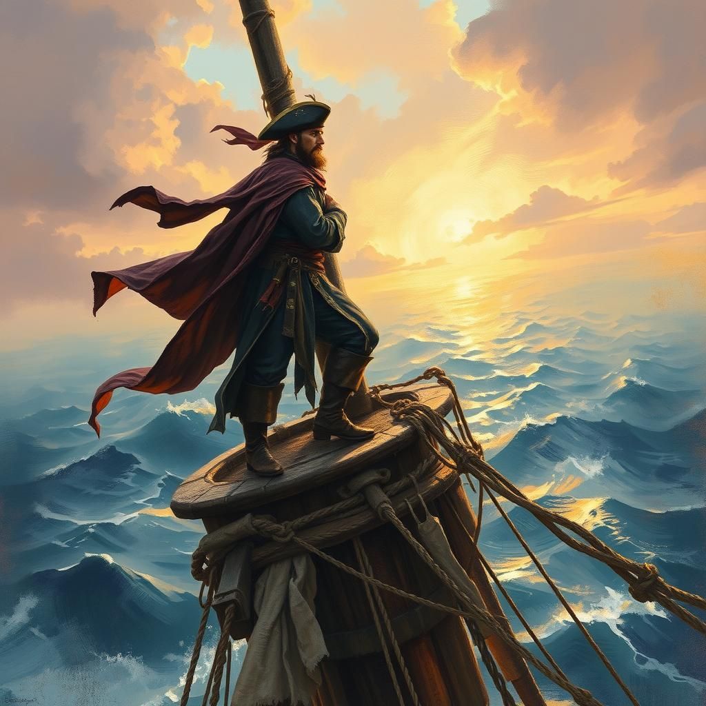 Victorious Pirate on Galleon in Expressive Gouache Style