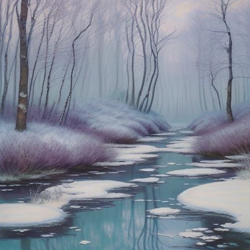 Dreamlike Winter Forest with Whimsical Hedgehog Figure