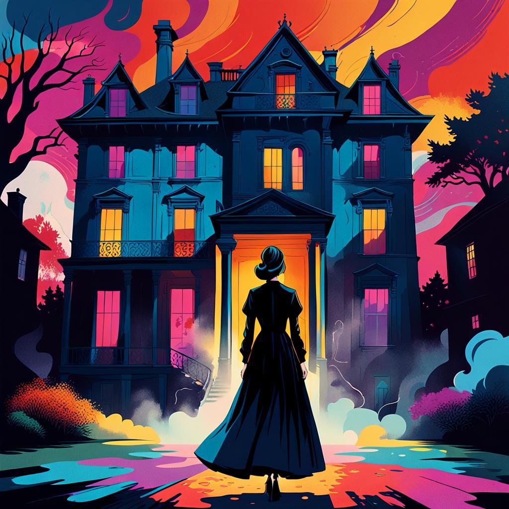 Mysterious Woman Before Grand House: Graphic Novel Art