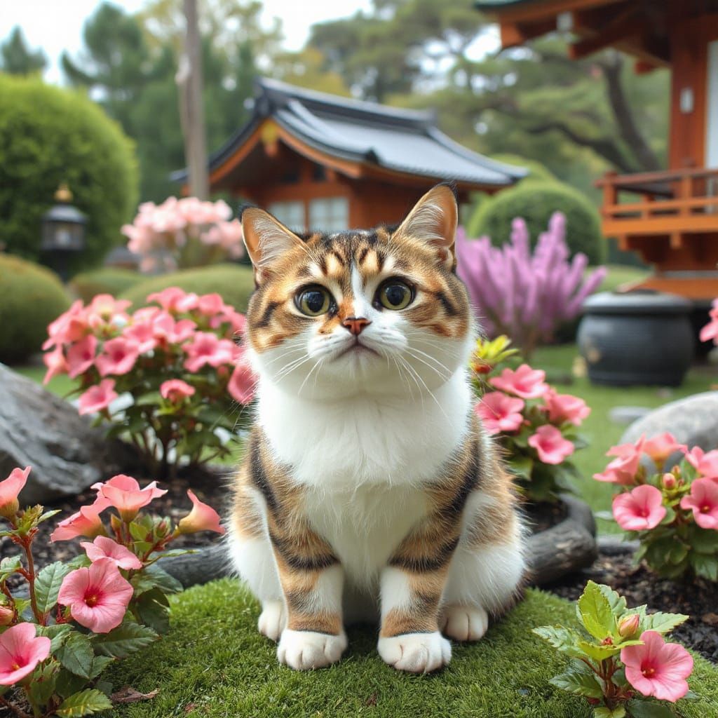 Kawaii Cat in Serene Japanese Garden