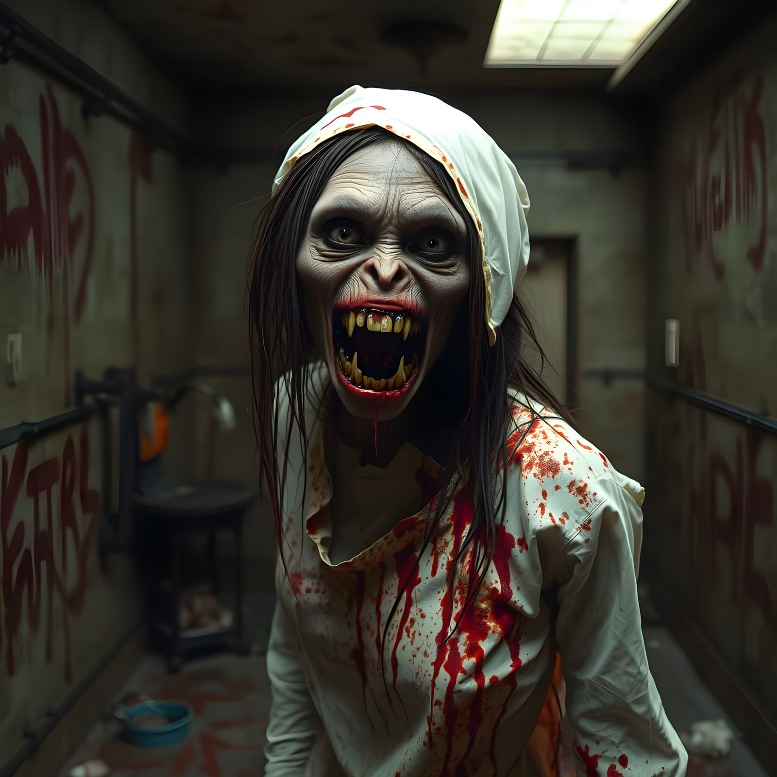 Blood-Drenched Zombie Woman in Abandoned Asylum