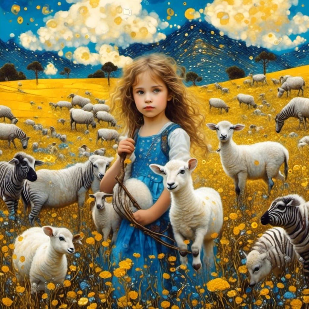 Mary and Lambs in Gustav Klimt Inspired Landscape