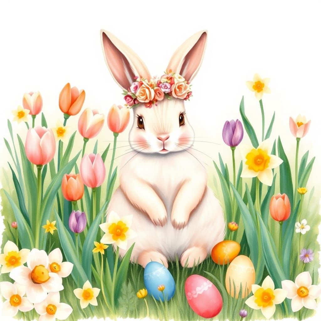 Whimsical Easter Bunny in a Watercolor Meadow