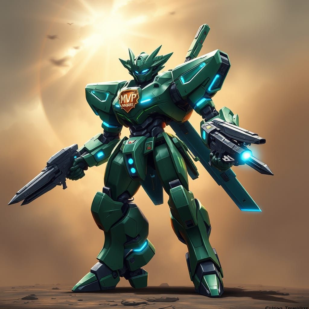 Futuristic Green Battle Mecha with Glowing Accents and Angul...
