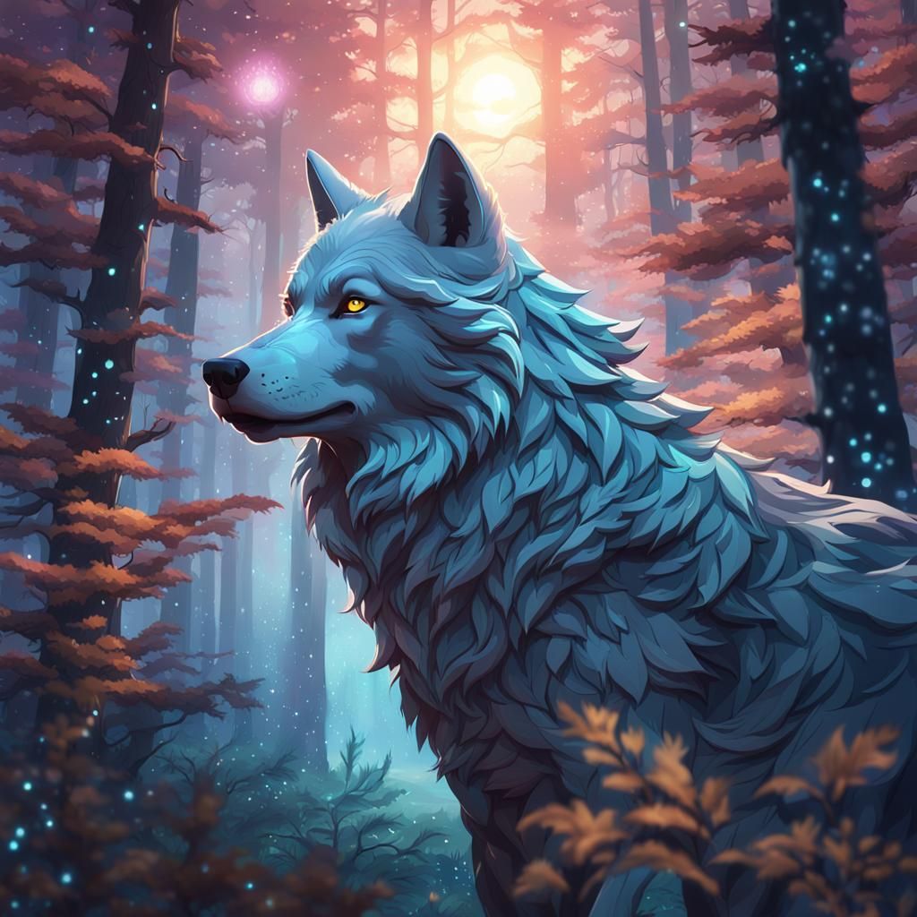 Wolf in Sparkling Forest: Hyperdetailed Concept Art