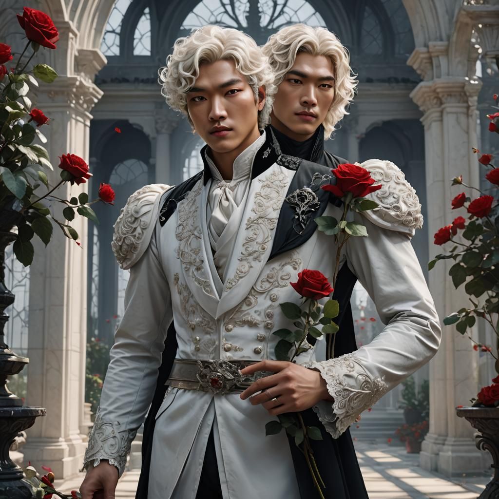 Prince with White Curls Holding Red Rose