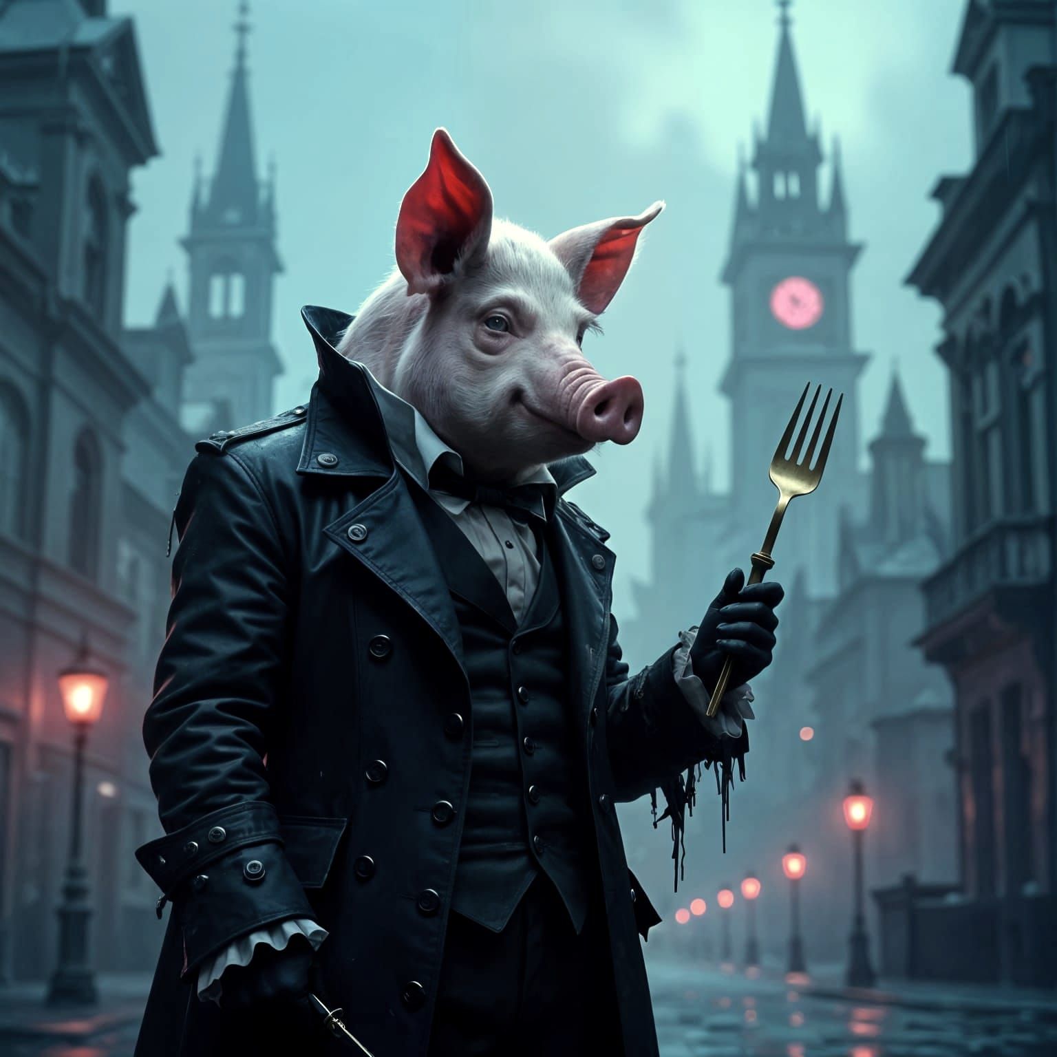 Melancholic Pig-Man in Decaying Gothic City