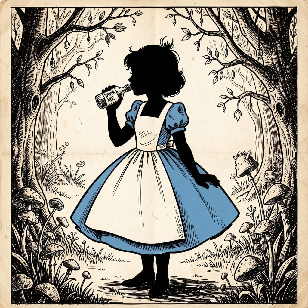 Alice Drinks Potion in Victorian Silhouette Art