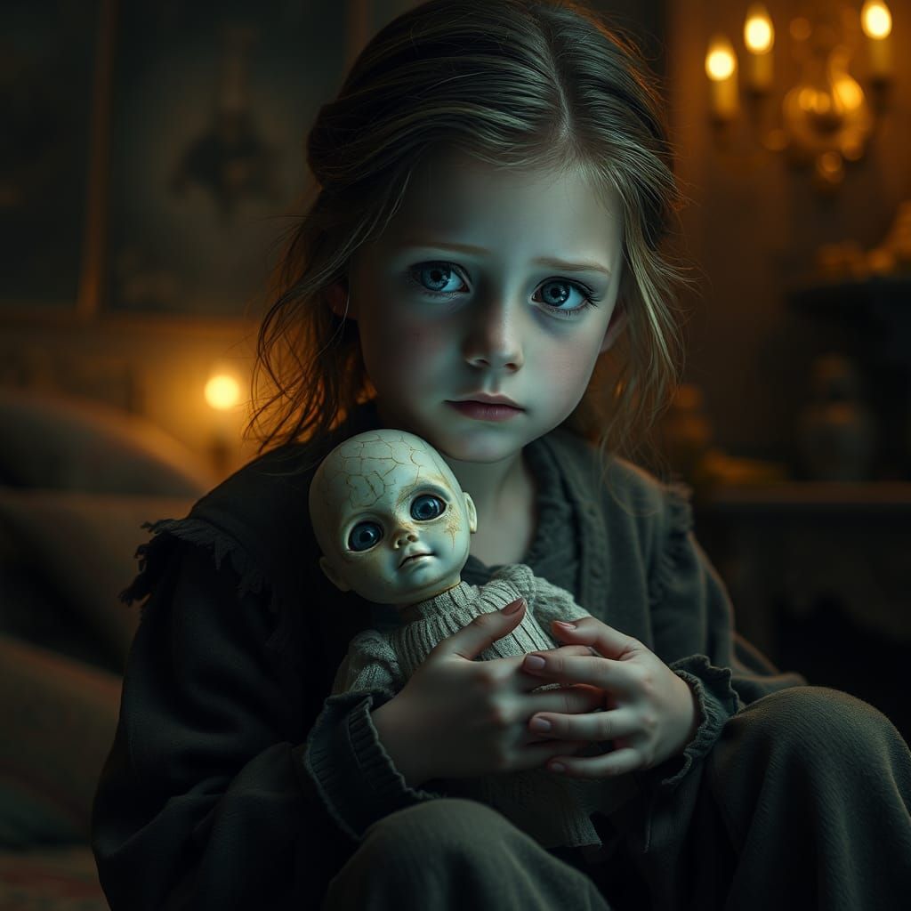 Girl with Antique Doll in Dark Room