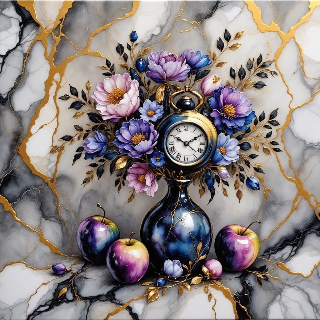 Marble Still Life with Flowers and Clock