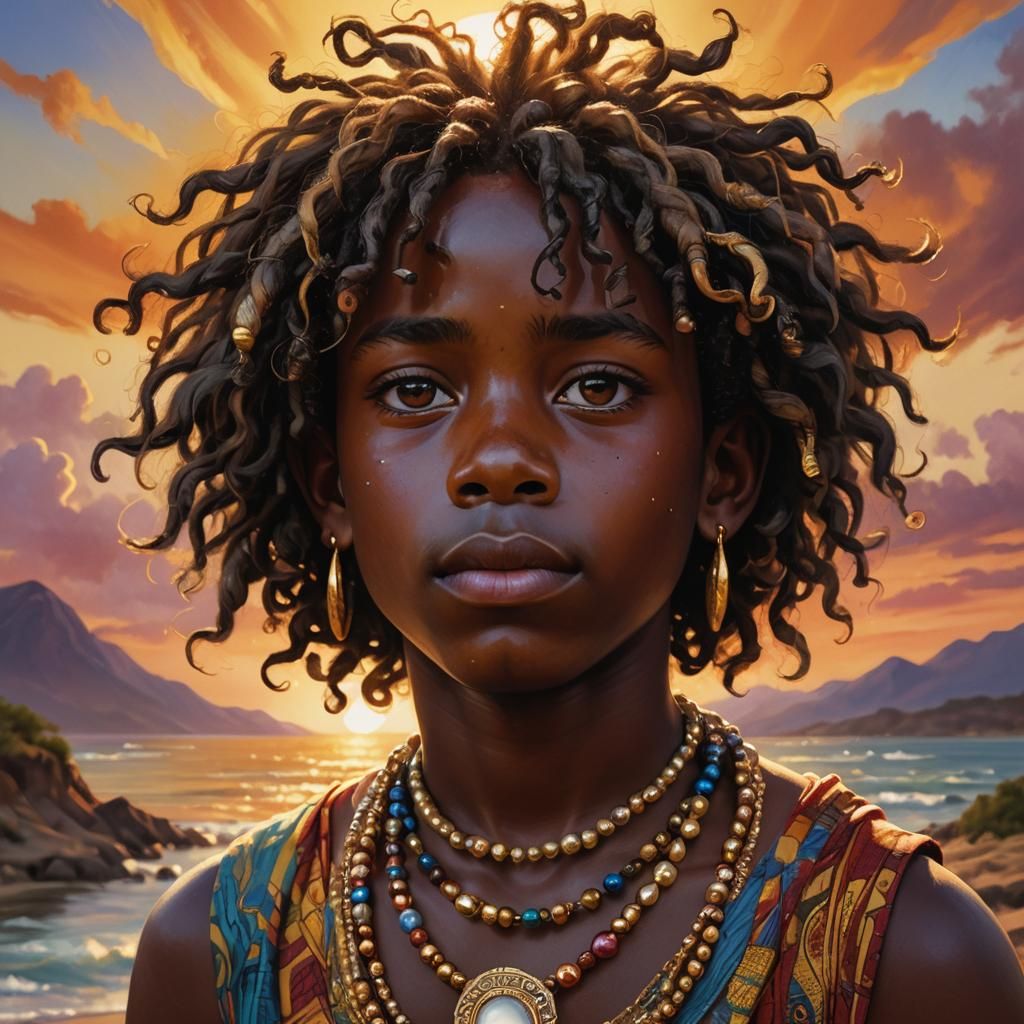 Expressive African Boy Portrait with Sunset Background
