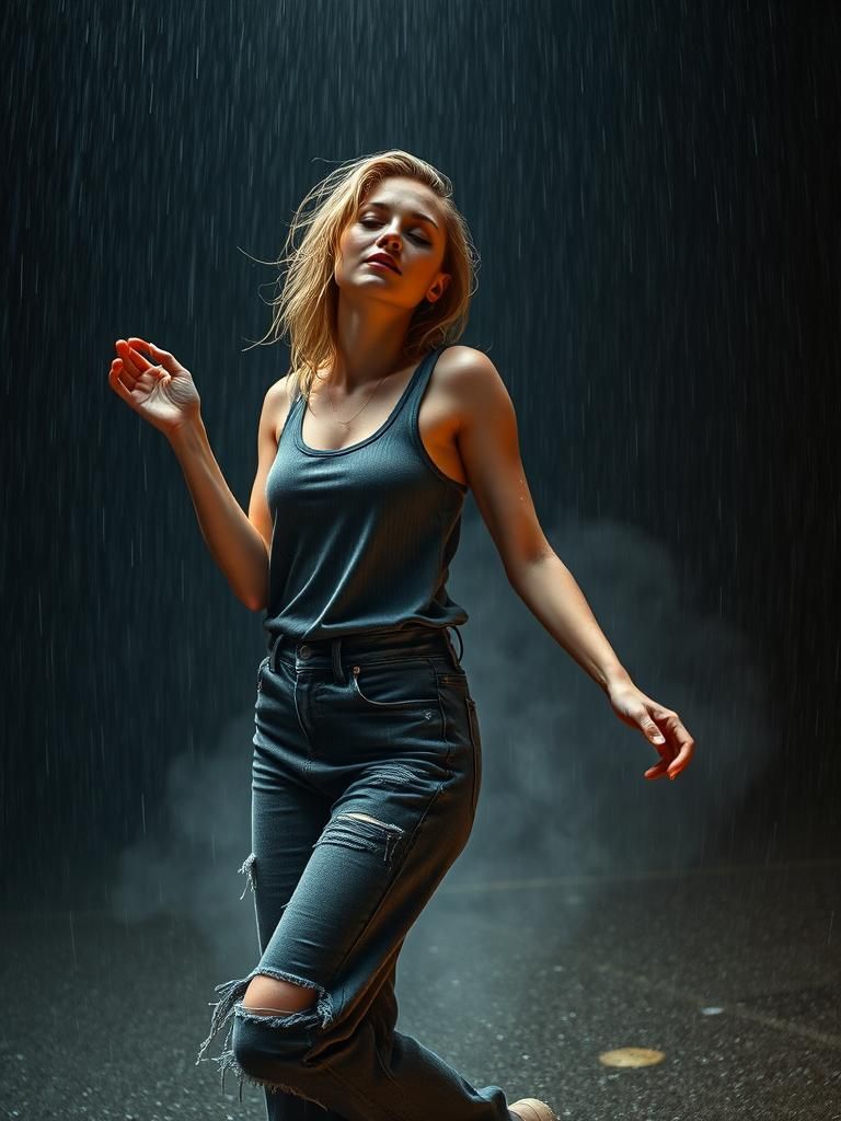 Woman Dancing in Rain with Ethereal Figure